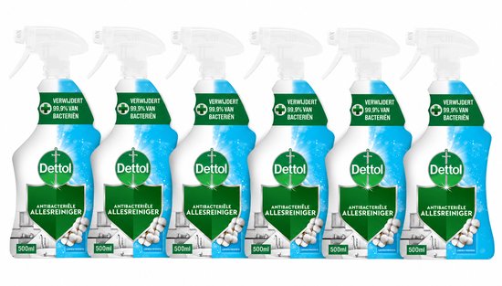 Six bouteilles de nettoyant tout usage antibactérien Dettol avec vaporisateur, 500ml chacune, avec des étiquettes vertes et bleues.