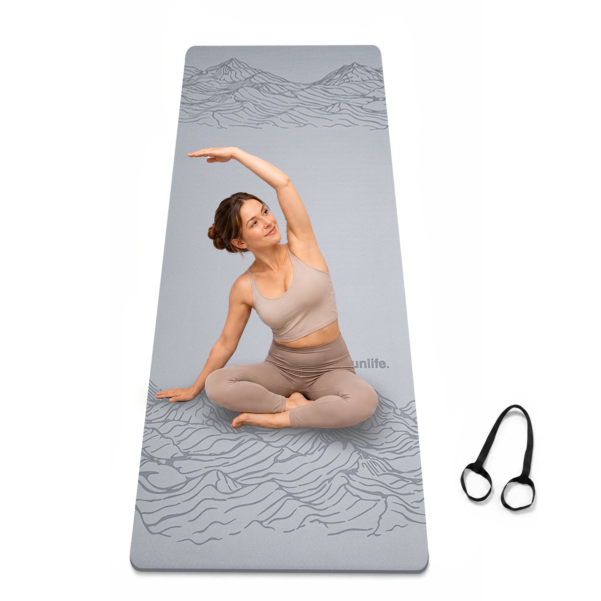 FunLife Yogamat 183 x 61 cm - 8 mm TPE Fitnessmat Antislip met Draagriem - voor Yoga, Pilates en Home Workout -Lichtgrijs