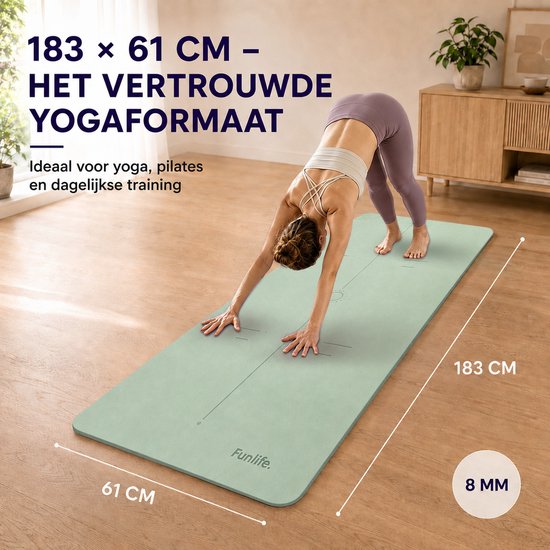 FunLife Yogamat 183 x 61 cm - 8 mm TPE Fitnessmat Antislip met Draagriem - voor Yoga, Pilates en Home Workout - Matchagroen — afbeelding 4