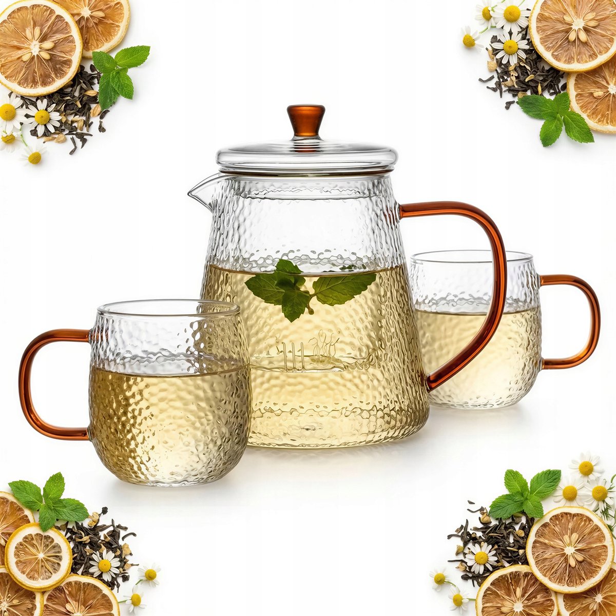 Glazen Theepot met Infuser & 2 Mokken - 1L - Amber Handvat