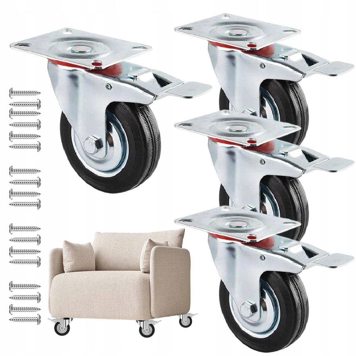 4 Zwenkwielen met Rem - 50kg Draagvermogen - Transportwielen