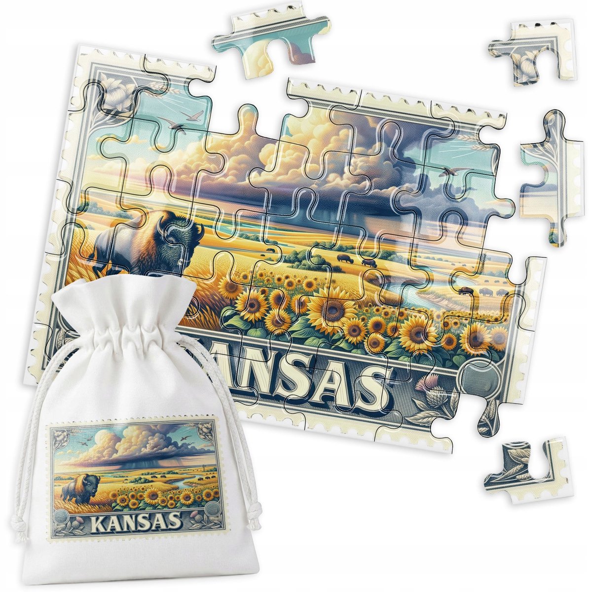 Traditionele Puzzel - Zonnebloemen & Bison - 35 Stukjes