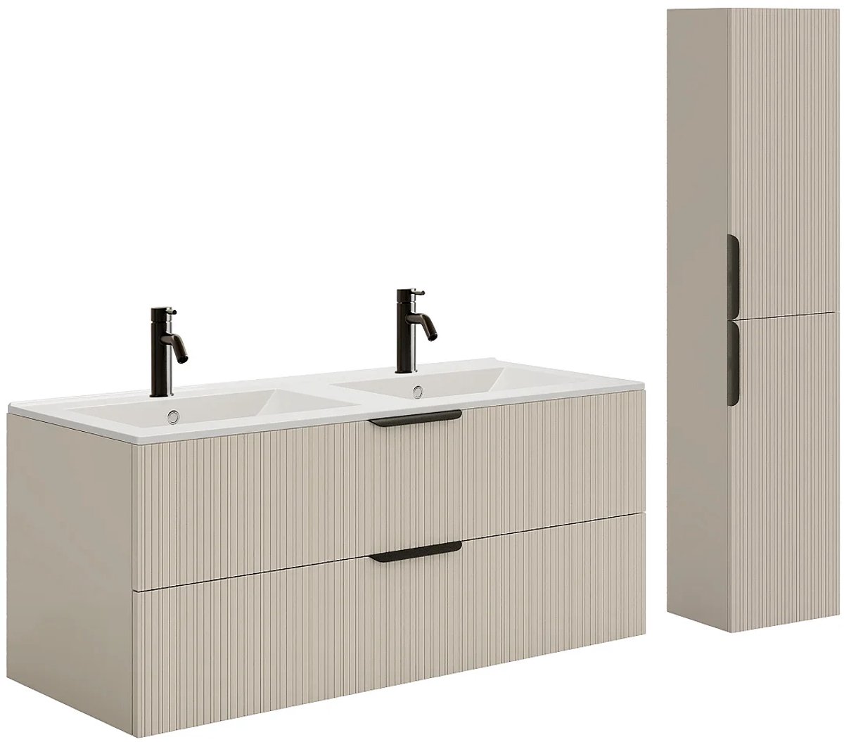 Vente-unique Zwevend badkamermeubel met ribbelstructuur en inbouwwastafel, kast en kraan - Beige kleur - 120 cm - DALIKO