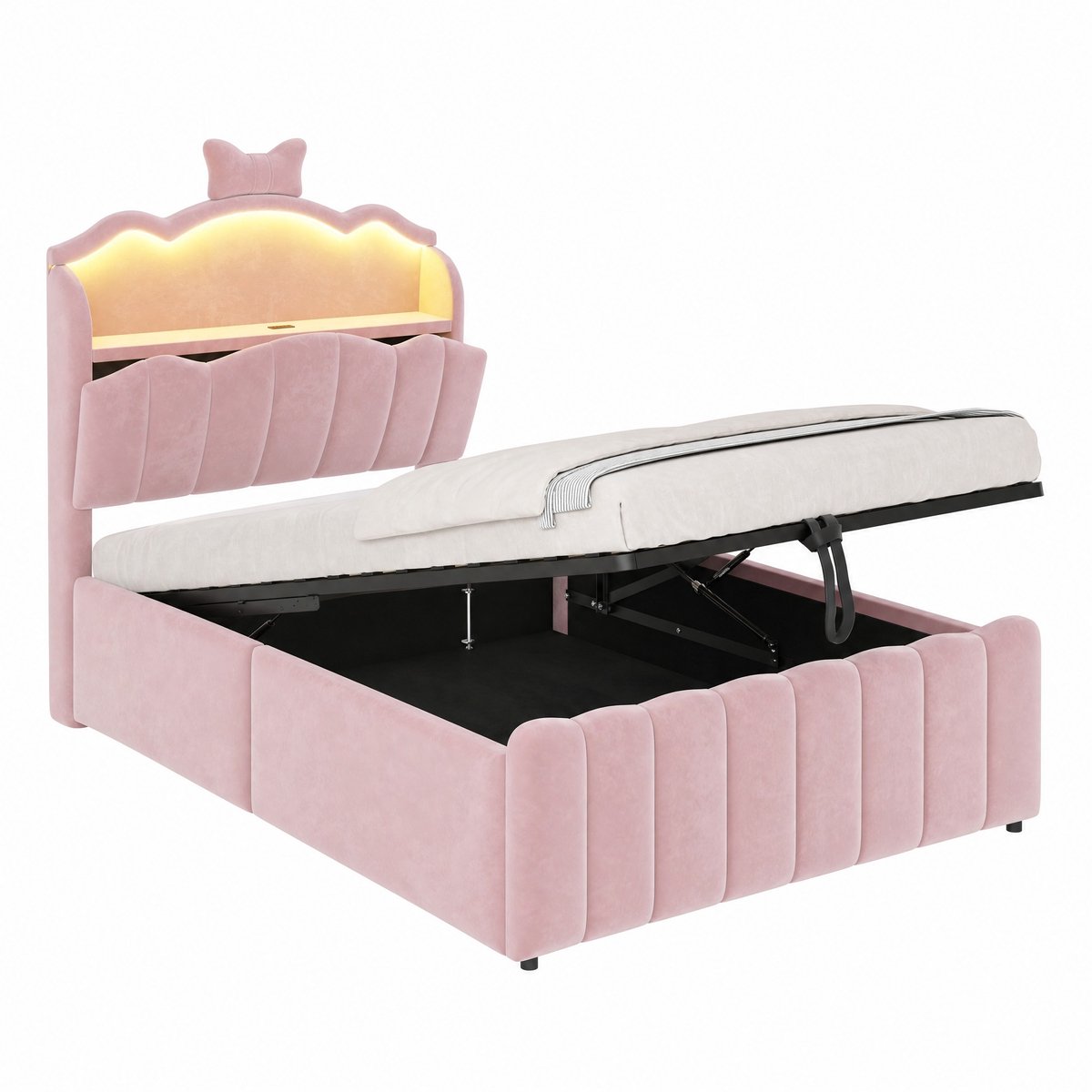 WUVRIE Kinderbed 90x200 cm met opbergruimte, LED-verlichting, USB en fluweel in roze