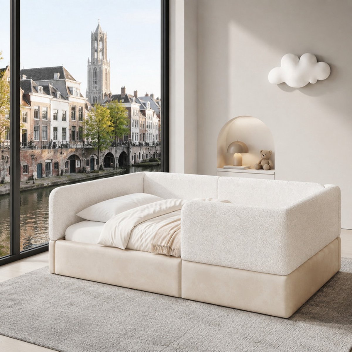 WUVRIE Bedframe 90x200 cm met uitvalbeveiliging, opbergtas en lattenbodem, wit