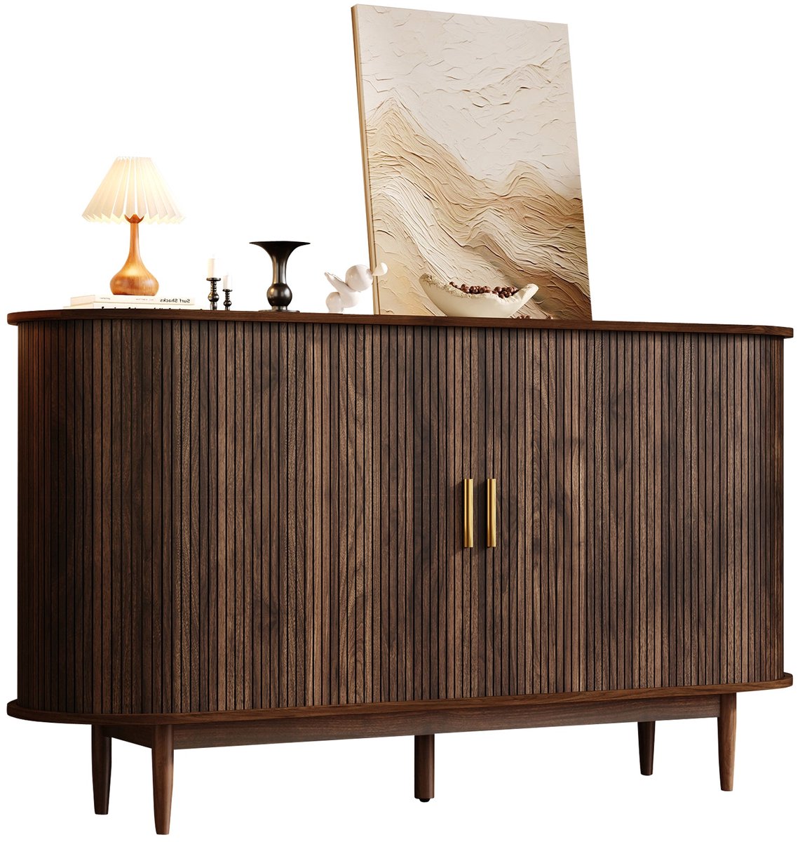 Merax Walnootkleurige Opbergkast - 2 Schuifdeuren - 1 Lade - 6 Opbergvakken - 140 x 40 x 78 cm