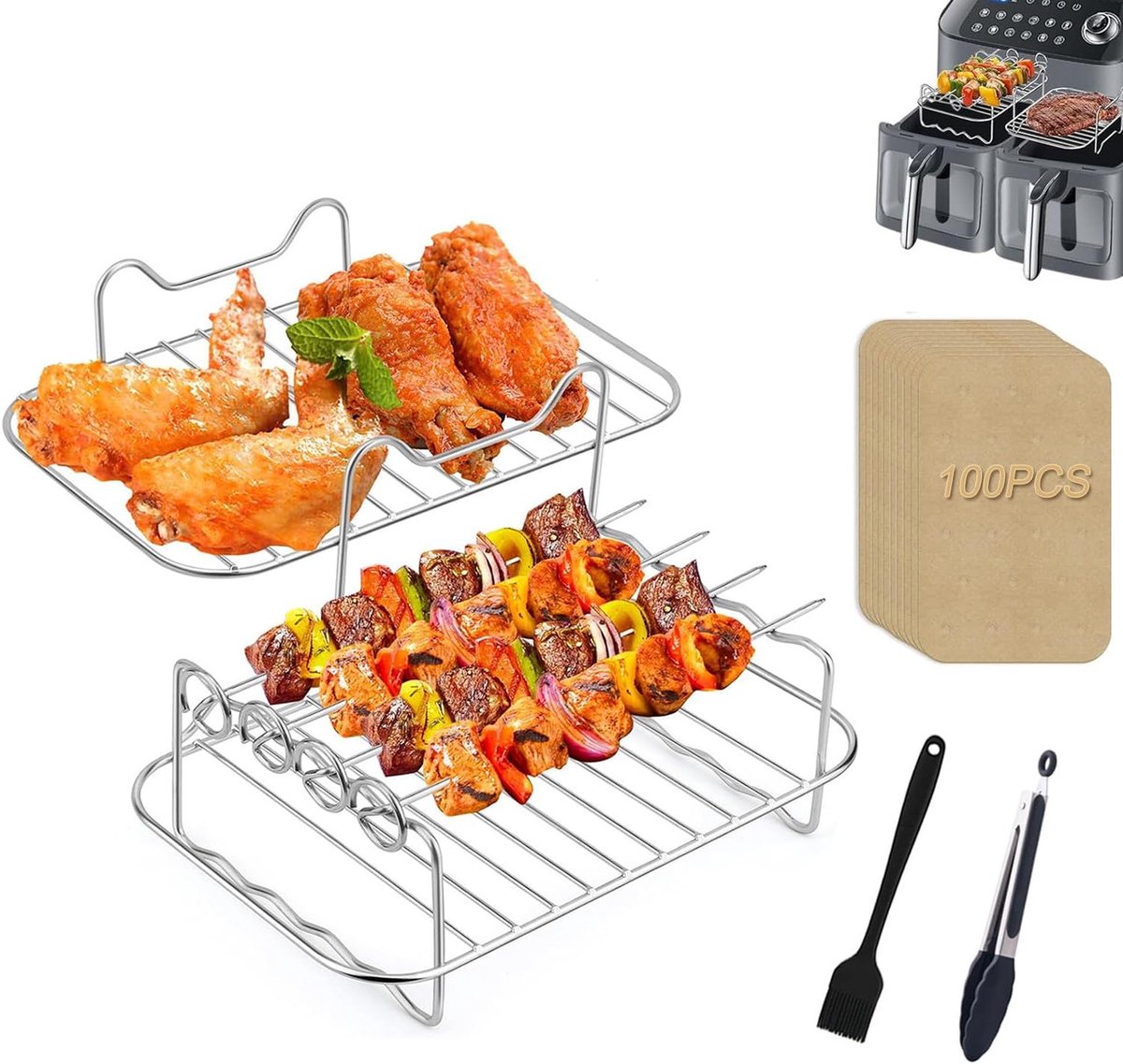 Airfryer accessoires set voor dubbele mand - 4-Delige Set Met RVS Rekken, 4 Spiesen, Siliconen Kwast & Tang - Ca. 19,8 x 13,5 x 7,6 cm - 360 graden luchtcirculatie voor gelijkmatige bereiding - voor dubbele airfryers van 8-10 qt