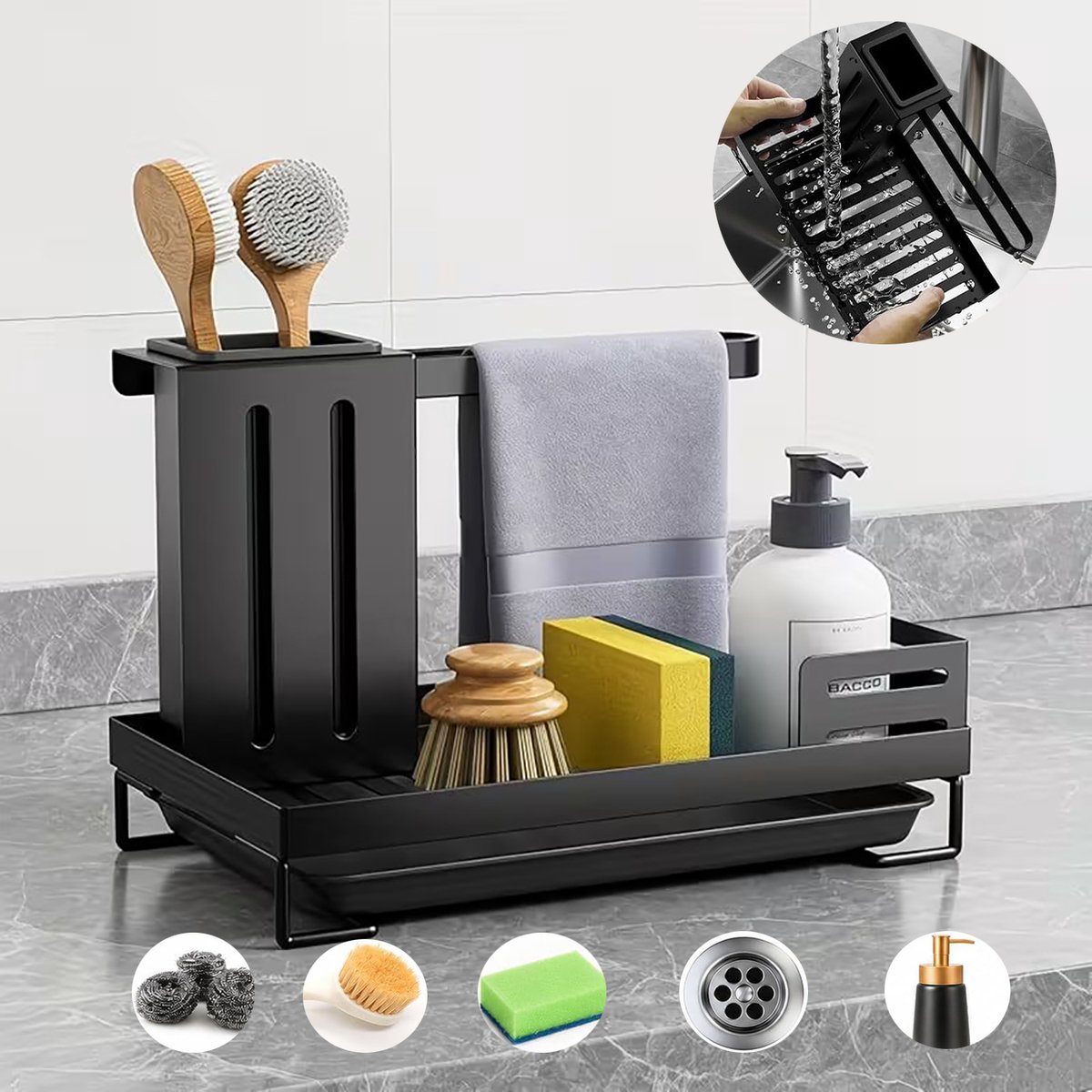 Keukenopbergbakje Voor in De Gootsteen, Gootsteenorganizer Met Afdruiprek, Met Borstelhouder en Vaatdoekhouder, Kitchen Storage.