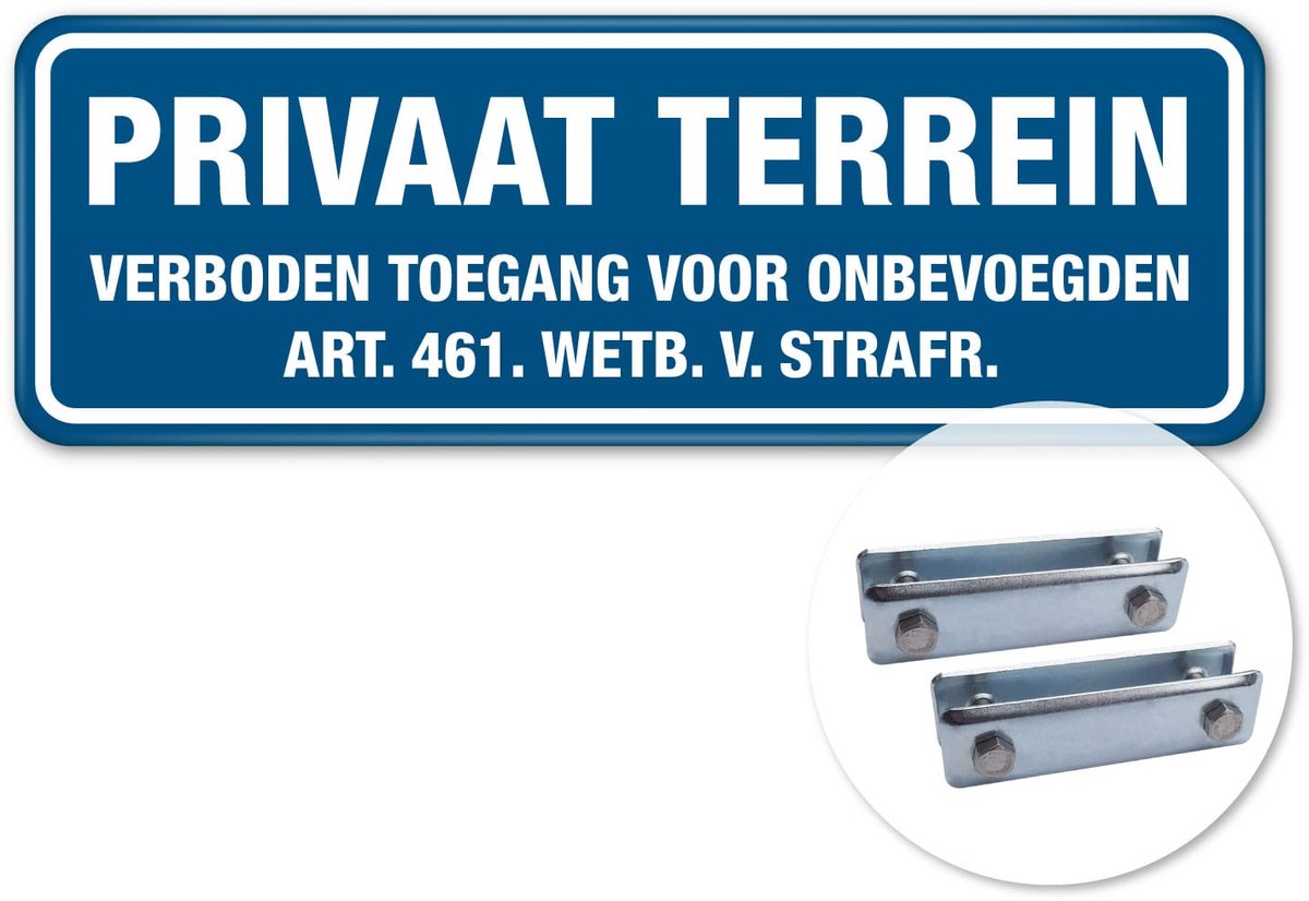 Bord Privaat terrein - Verboden toegang voor onbevoegden - blauw - Weerbestendig Aluminium - 60x20 cm - Bevestiging: Met hekbeugels (voor spijlen- of gaashek)
