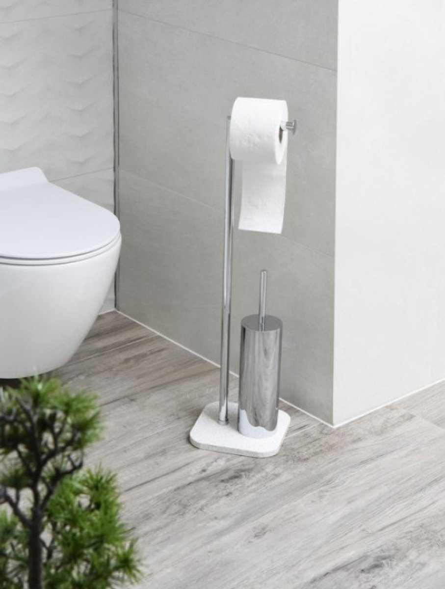 Toiletrolhouder met toiletborstelhouder, staand, terrazzo en metaal