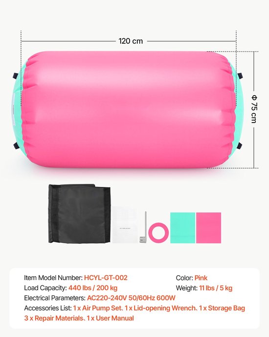 Opblaasbare Gymnastiekrol - Airtrackrol - 120 x 75 cm - Met Pomp - Draagvermogen 200 kg - Instelbare Luchtdruk - Siliconen Handgrepen - Roze — afbeelding 3