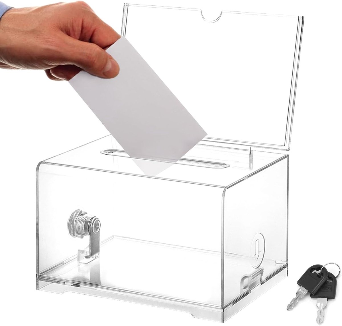 Transparante acryl stembus met sleutelslot en insteekplaat, 16 x 12 x 10 cm