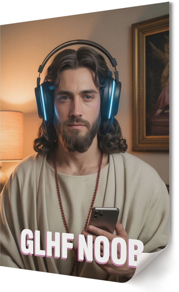 Coloray Polycanvas Wandposter - Jezus De Speler, Illustratie - 420 x 594 - Beige Motief - Rechthoek - Interieurdecoratie - Woonkamer, Slaapkamer, Kantoor - Humoristisch