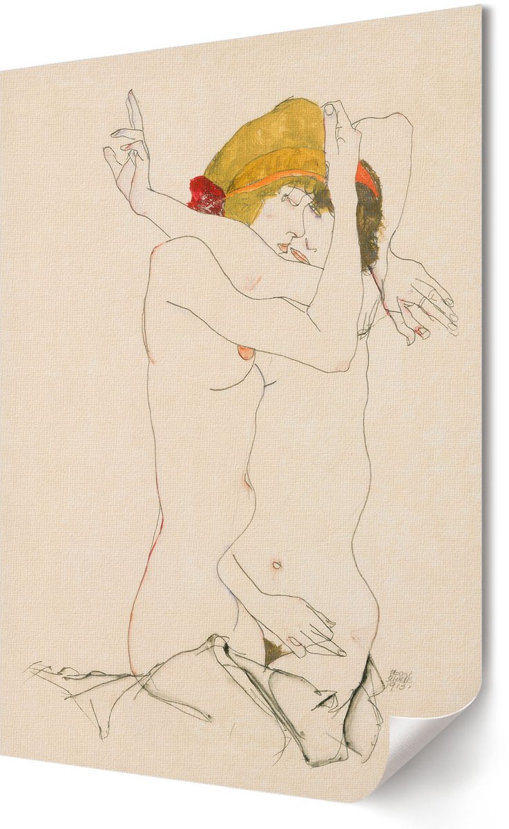 Coloray Polycanvas Wandposter - Twee Vrouwen Die Elkaar Omarmen, Tekening - 420 x 594 - Beige Motief - Rechthoek - Canvasposter - Woonkamer, Slaapkamer, Kantoor - Erotisch