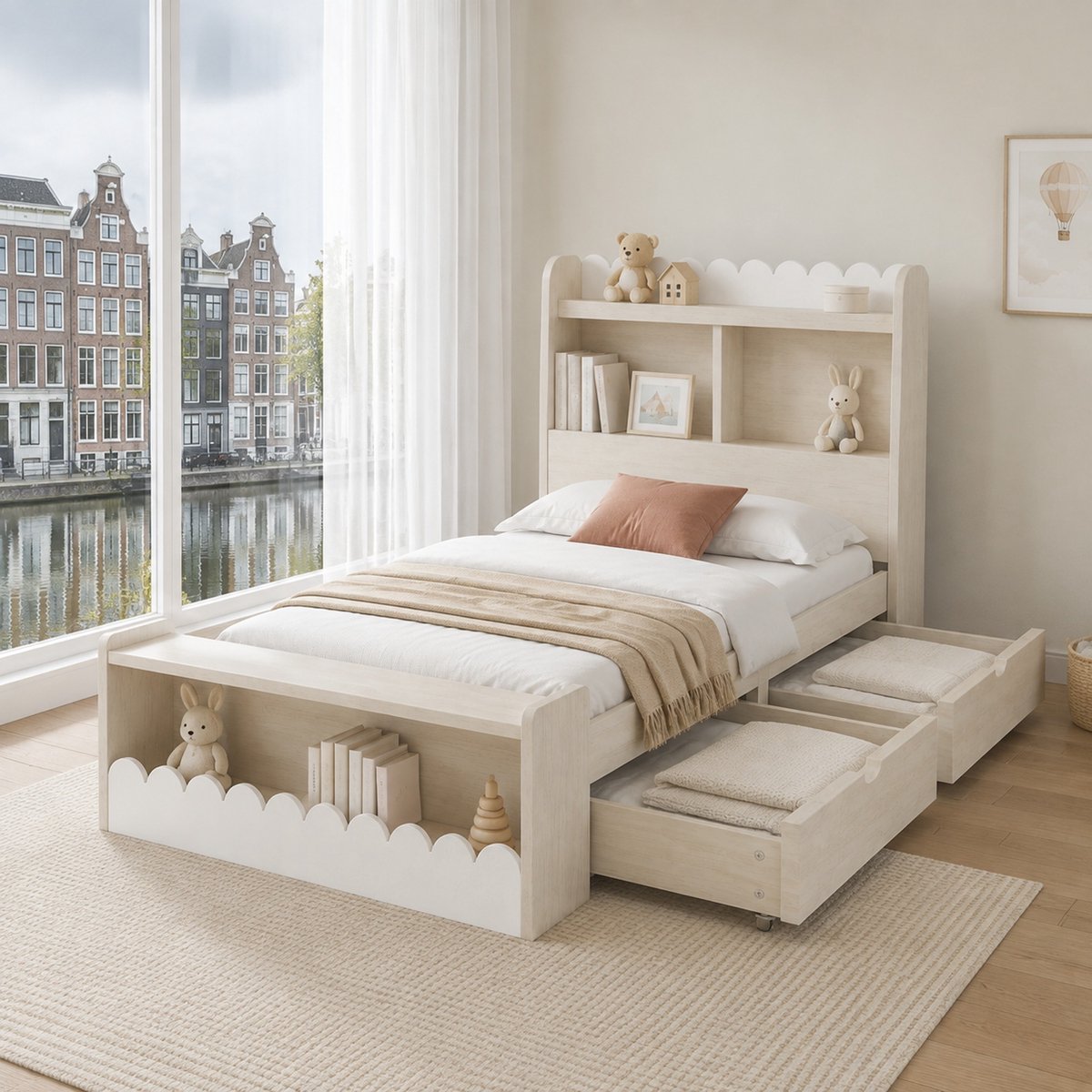 WUVRIE Kinderbed 90x190 cm met 2 lades, open vakken en lattenbodem, wit/eiken