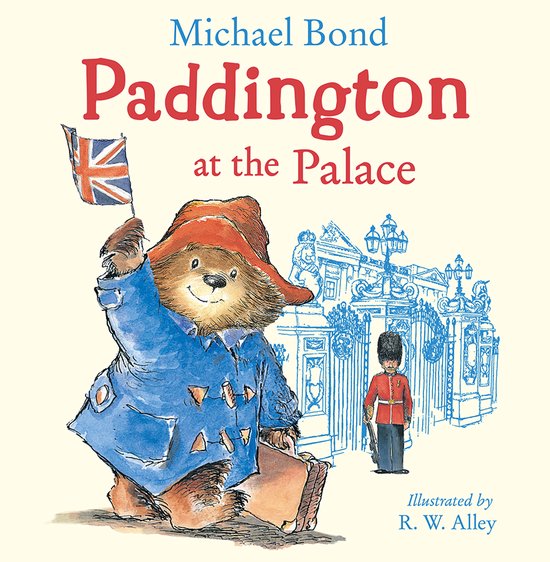 Paddington met rode hoed, blauwe jas en koffer, met Britse vlag. Paleis op achtergrond.