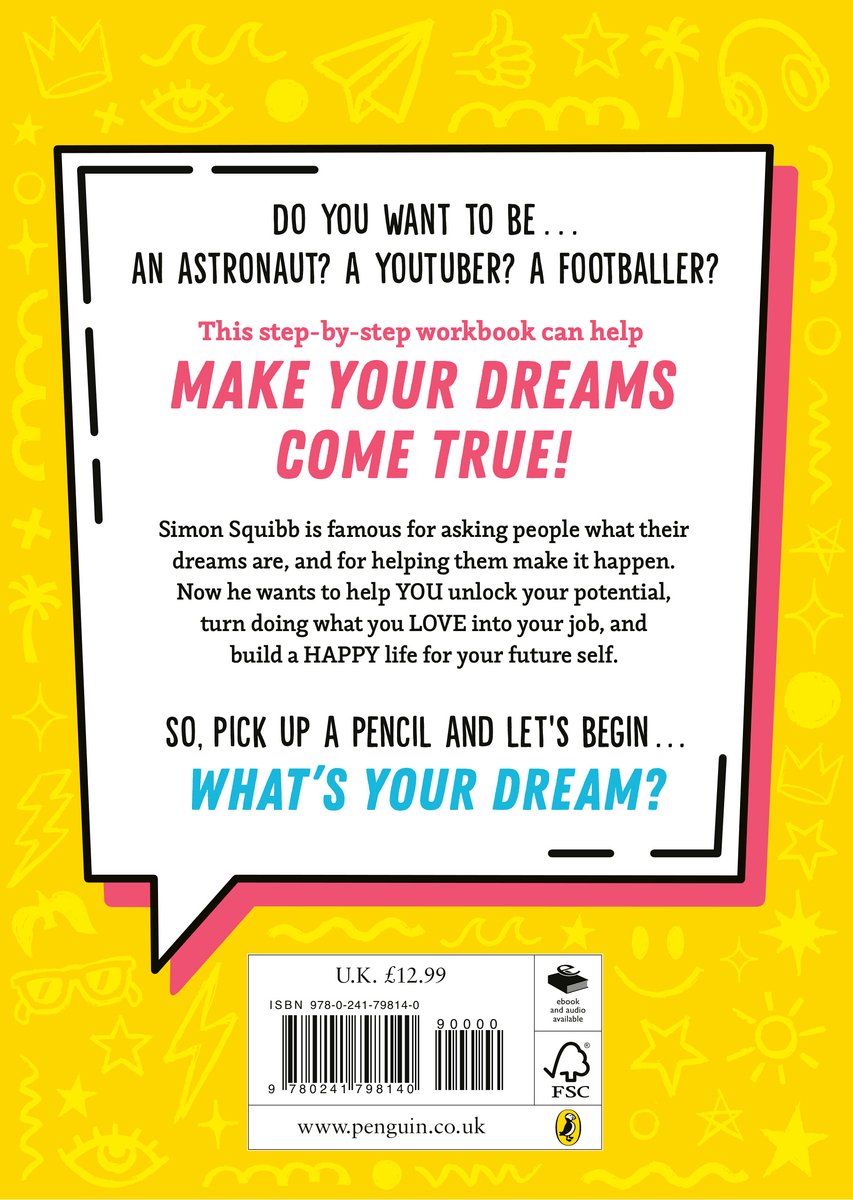 Boek met de titel 'What's Your Dream? The Workbook' in het Engels. De cover is felgeel met roze en blauwe tekst en een illustratie van een kroon, ogen en bliksem.