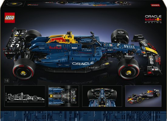 Doos van de LEGO Technic Oracle Red Bull Racing F1 auto met beelden van de auto.