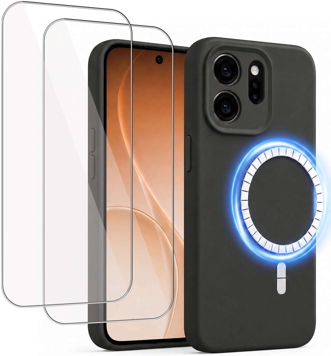 Hoesje + 2x Screenprotector geschikt voor Oppo Reno 15 Pro - Hoesje geschikt voor Magsafe - Draadloos opladen - Gehard Glas – Zwart