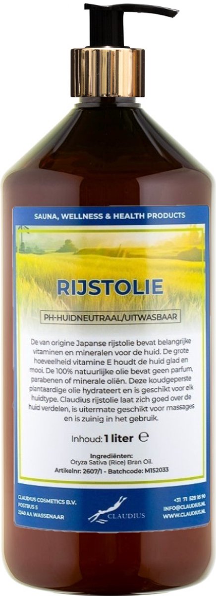 Rijstolie 1 liter met gouden pomp - amber fles - 100% natuurlijk - biologisch en koud geperst