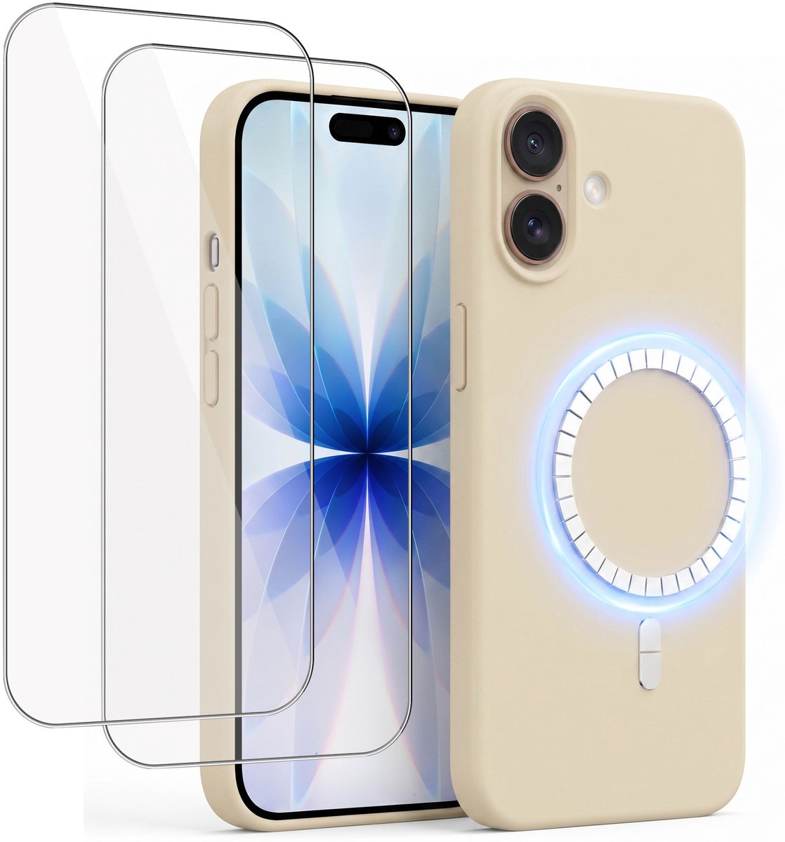 Hoesje + 2x Screenprotector geschikt voor Apple iPhone 17 - Hoesje geschikt voor Magsafe - Draadloos opladen - Gehard Glas - Creme