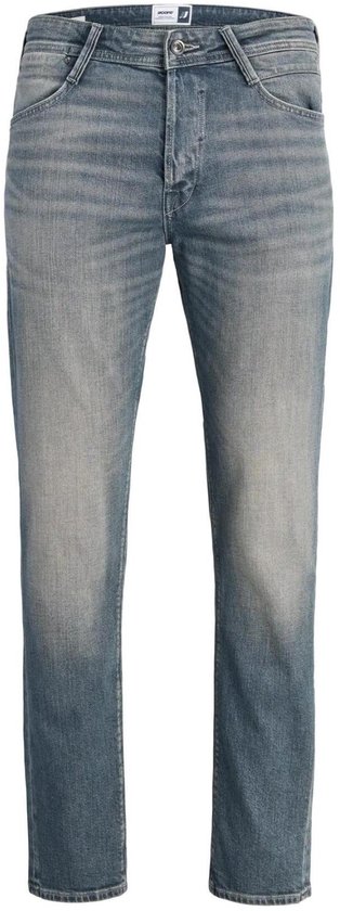 Blauwe denim jeans met horizontale strepen en knoopsluiting.