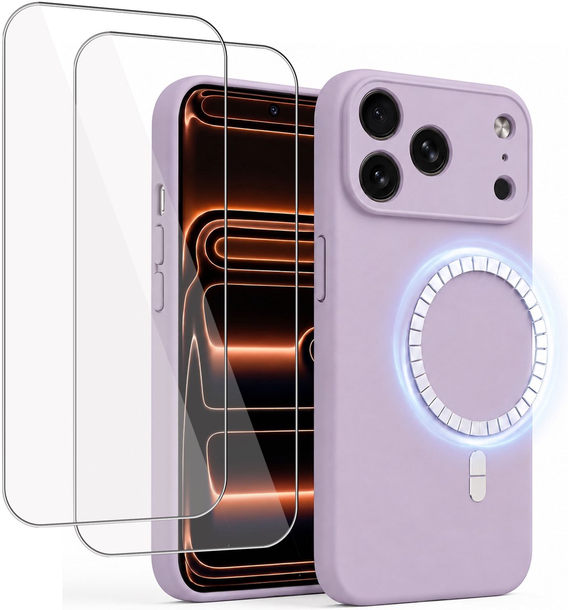Hoesje + 2x Screenprotector geschikt voor Apple iPhone 17 Pro Max - Hoesje geschikt voor Magsafe - Draadloos opladen - Gehard Glas - Lila