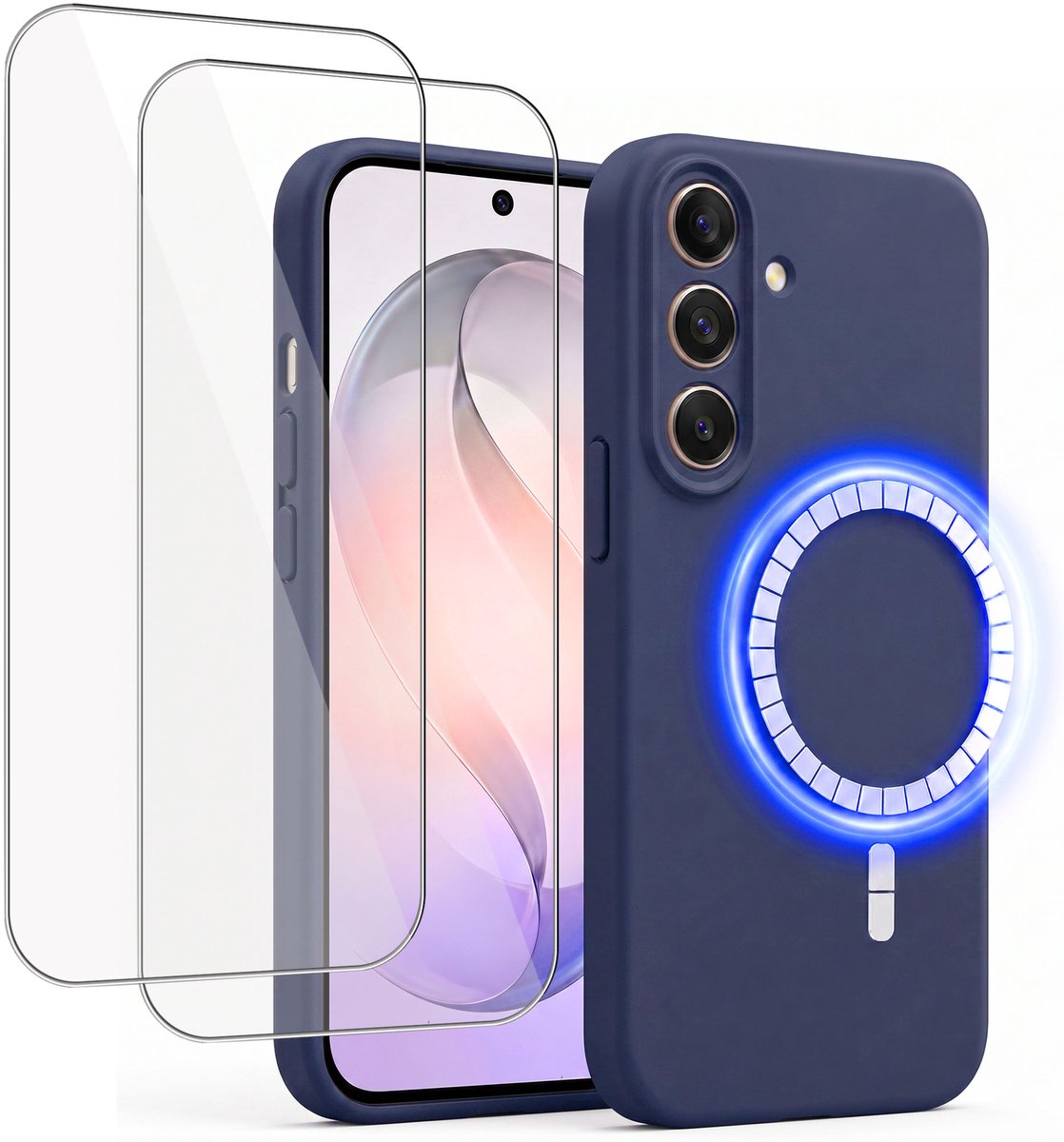Hoesje + 2x Screenprotector geschikt voor Samsung Galaxy S26 - Hoesje geschikt voor Magsafe - Draadloos opladen - Gehard Glas - Marine blauw