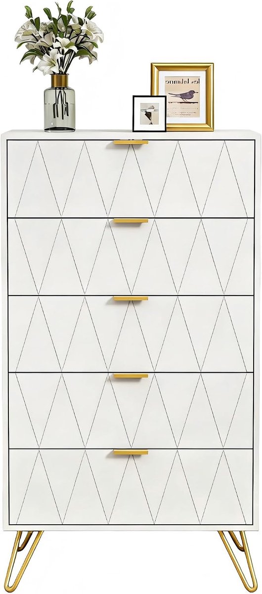 UEV ladekast met 5 lades, 60 x 34 x 110 cm, opbergcommode, moderne ladekast, dressoir met lades, kleine ladekast, ladekast voor woonkamer, slaapkamer, hal (wit)