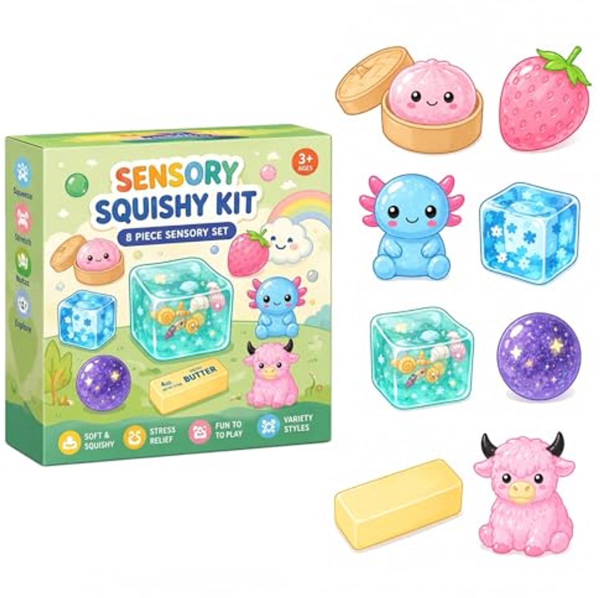 Mystery Sensory Squishy Box, 8 Pcs Soft Squeeze Fidget Set, Slow Rising Stress Relief Desk Fidget Pack, Random Cute Squishy Collection for Relaxing Sensory Play