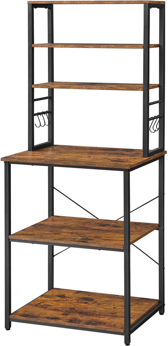 Multifunctioneel Keukenrek 40 x 60 x 167 cm Bruin + Zwart, Keuken Opbergrek met 6 Planken en 6 Haken, Keukenrek met Verstelbare Plank, Magnetronrek, Opbergkast, Rek voor Keuken, Woonkamer, Eetkamer en Slaapkamer