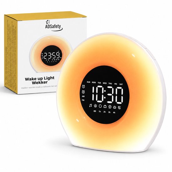 ADSafety wekker met zonsopgang simulatie. De wekker is wit met een rond display waarop 10:30 en dagen van de week worden weergegeven. De omringende gloed is oranje en geel.