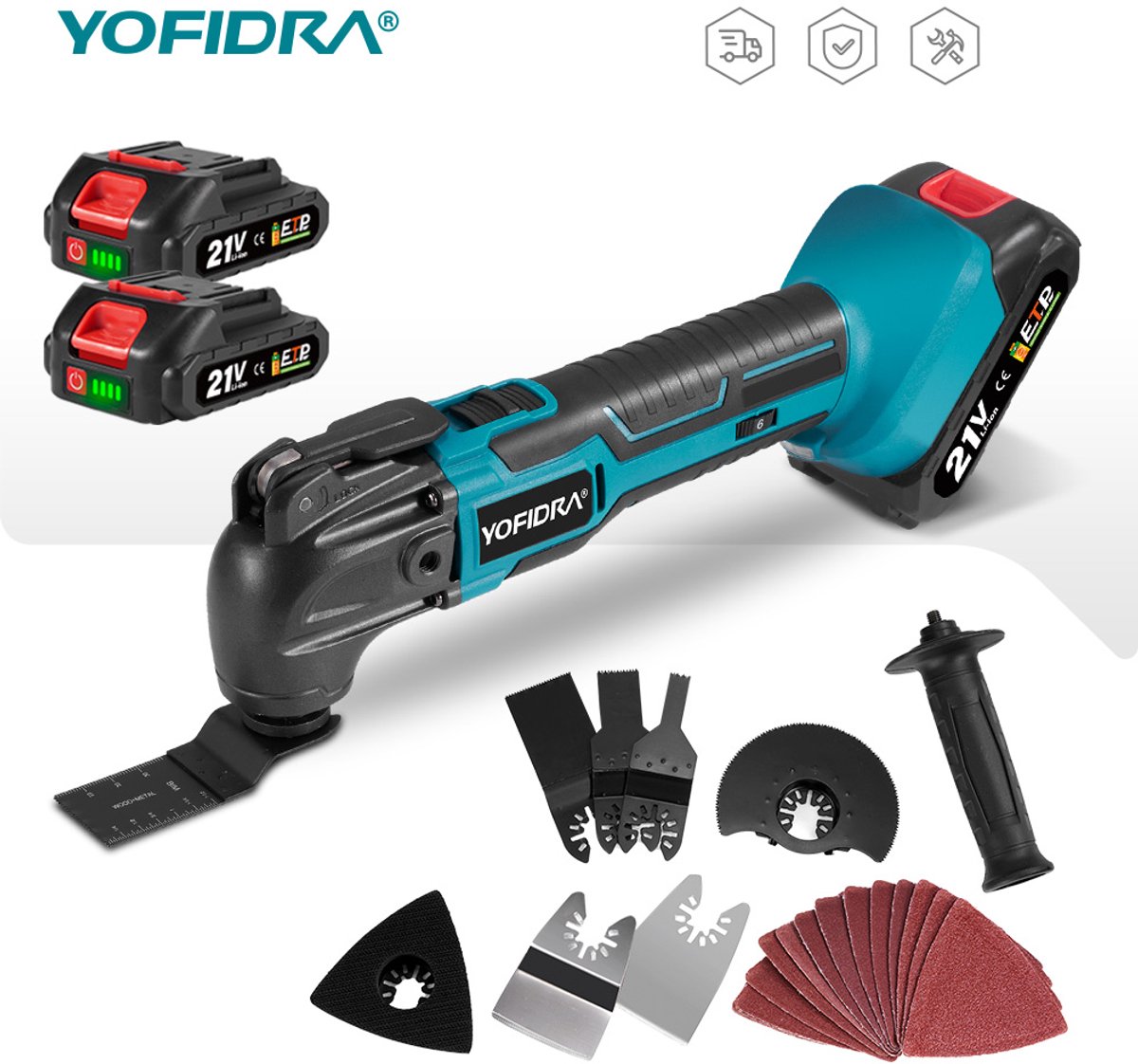 YOFIDRA 21V Accu Multitool , 22-delige accessoireset en 2 accu's. Combineert schuren, schrapen en het zagen van vierkante gaten – de perfecte draadloze DIY-tool voor hout, metaal, kunststof en decoratie