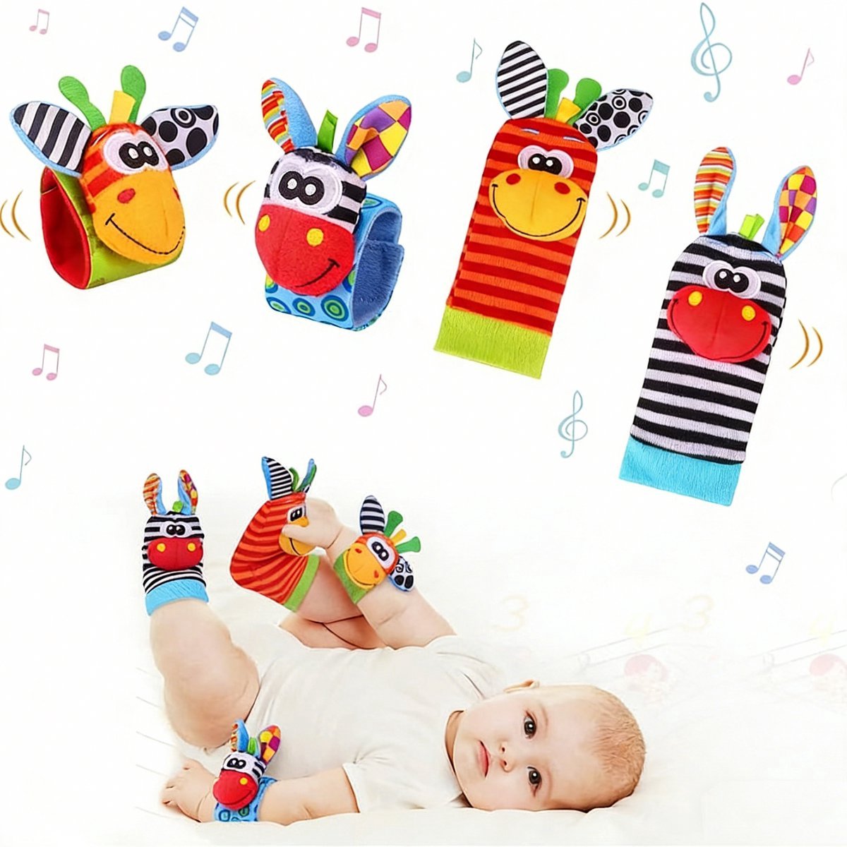 Baby Speelgoed rammelaarsokken en polsrammelaars set 4 stuks zachte knuffeldier speelgoed met geluid sensorisch speelgoed voor pasgeborenen 3-12 maanden jongens en meisjes ontwikkelingsspeelgoed voor baby's ideaal als cadeau voor babygezelschap