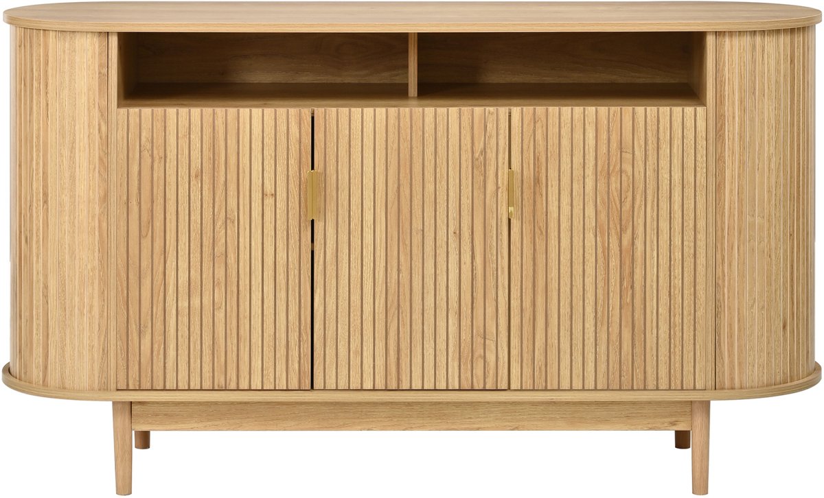 Dressoir - Vertikale Lijnenstructuur - 3 Deuren - Woonkamer En Eetkamer - MDF En Spaanplaat - Walnoot - 140x40x78 Cm