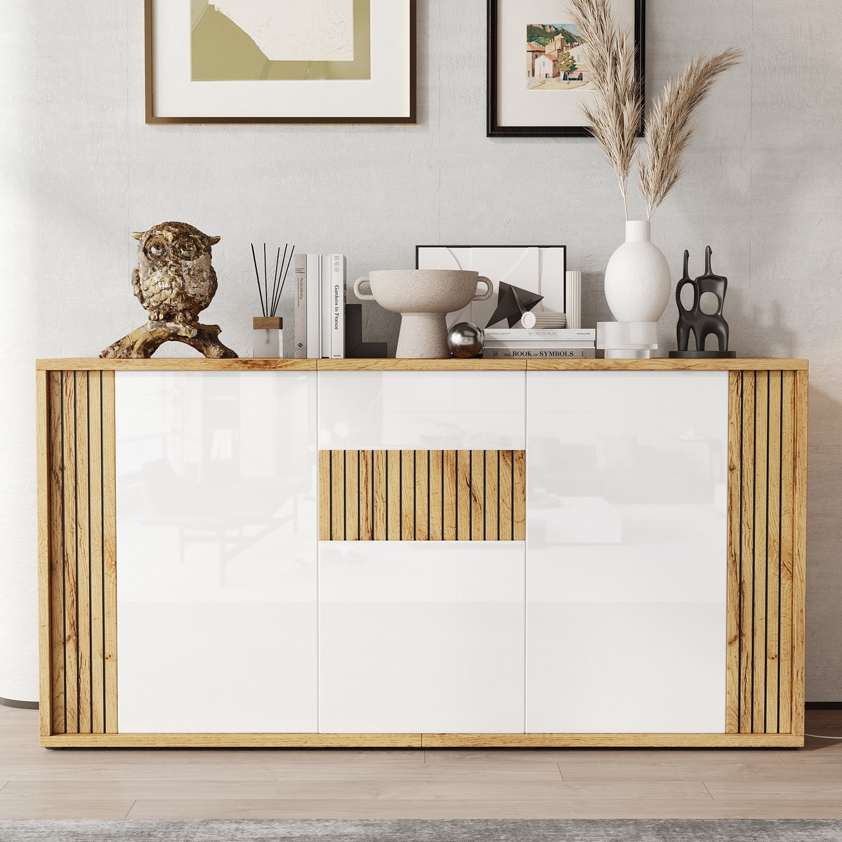 MODENUIT Dressoir - Hoogglans Wit Met Push-to-Open Deuren - Voor Woonkamer En Hal - MDF En Spaanplaat - 140x35x71 Cm
