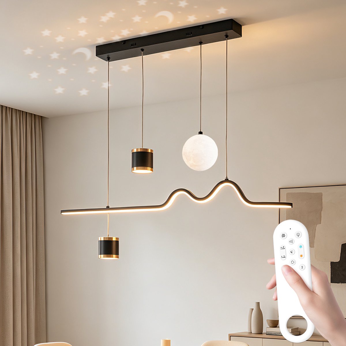 Epochglo Moderne LED Hanglamp met Geheugenfunctie, Timer & Nachtlampje - Luxe Lineaire Eettafel Lamp met Sterrenhemel Effect (100cm) - 45W - Zwart Aluminium - Dimbaar met Afstandsbediening (3000K-6500K) - voor Eetkamer, Kookeiland & Kantoor