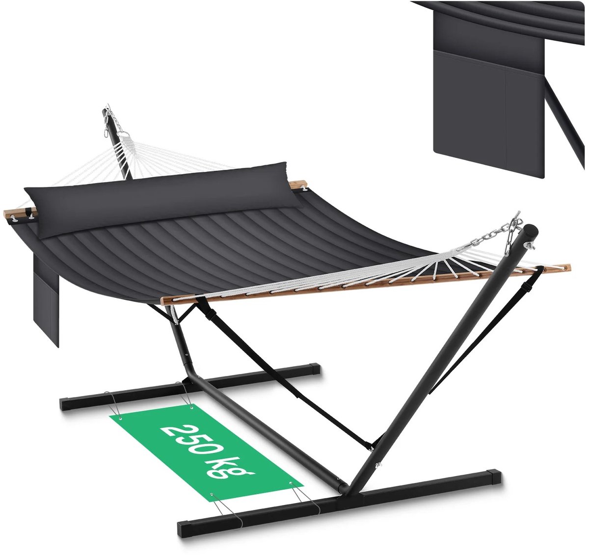 Hangmat 2 Persoons met Standaard – Draagkracht 250 kg – Met Kussen & Zijvak – 200 x 140 cm – Antraciet