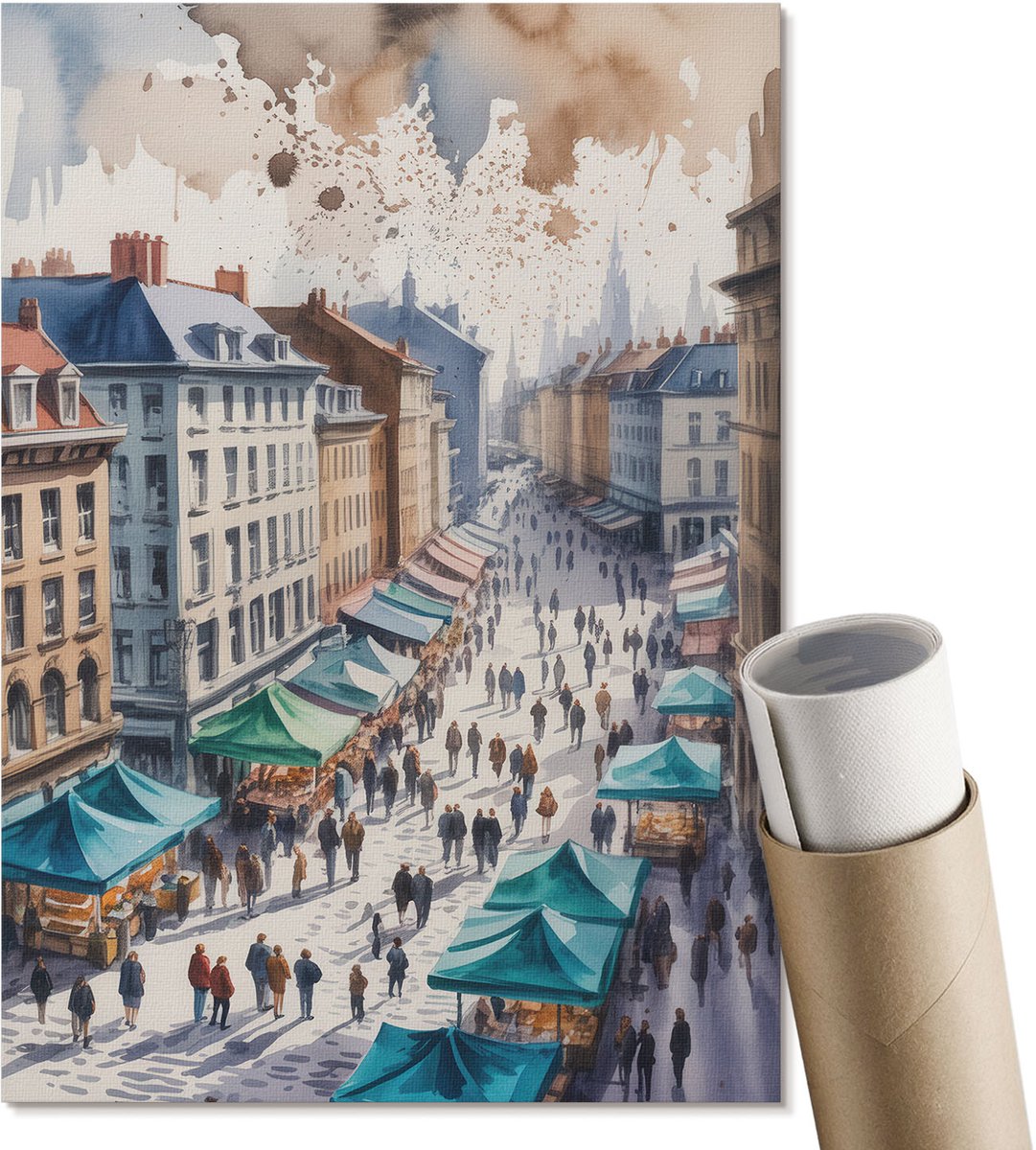 Coloray Polycanvas Wandposter - Aquarel Stad, Waterverf - A4 - Beige Design - Rechthoek - Canvasposter - Woonkamer, Slaapkamer, Kantoor - Expressief