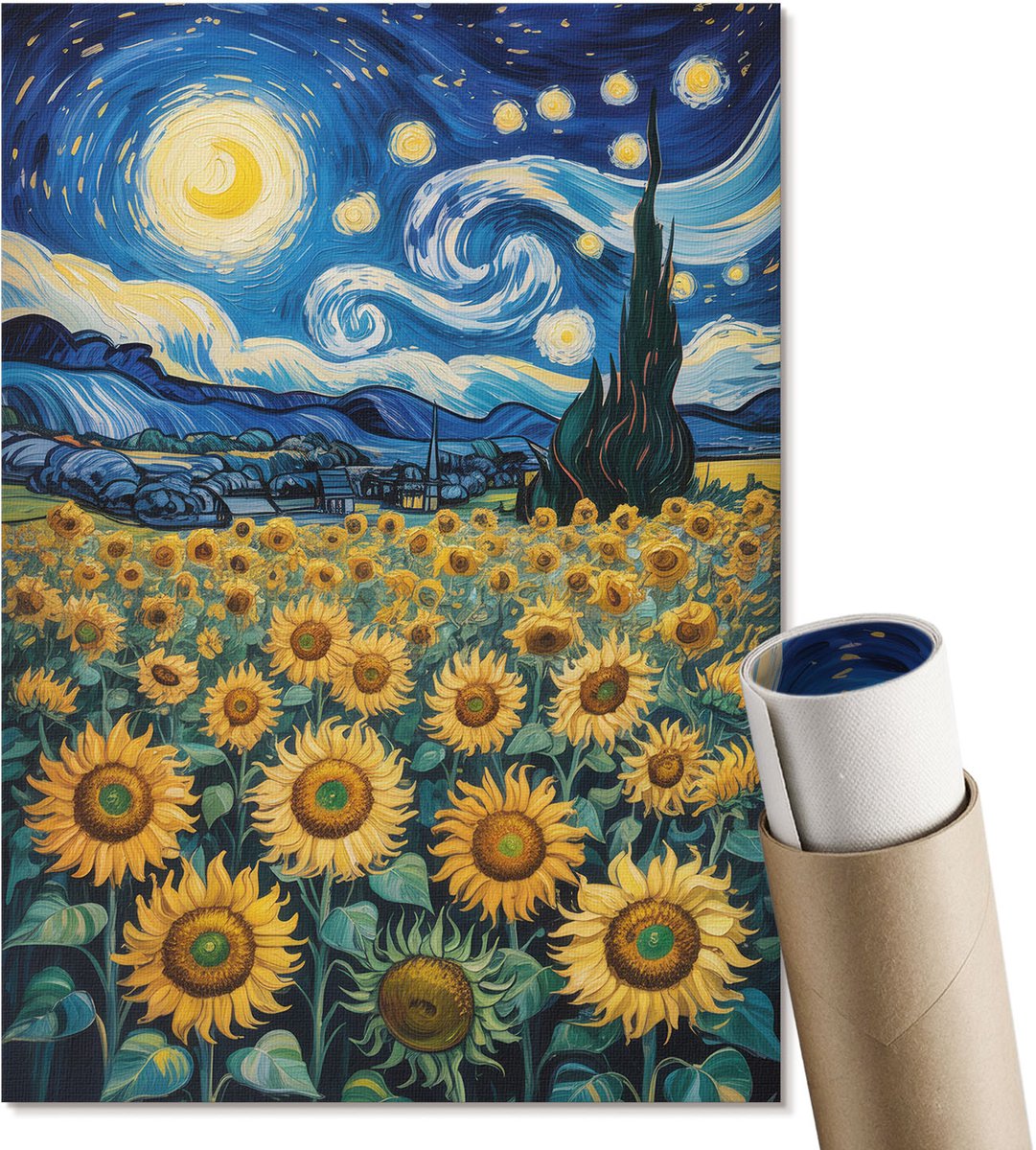 Coloray Polycanvas Poster - Sterren En Zonnebloemen, Schilderen - A4 - Blauw Motief - Rechthoek - Muurdecoratie - Woonkamer, Slaapkamer, Kantoor - Romantisch