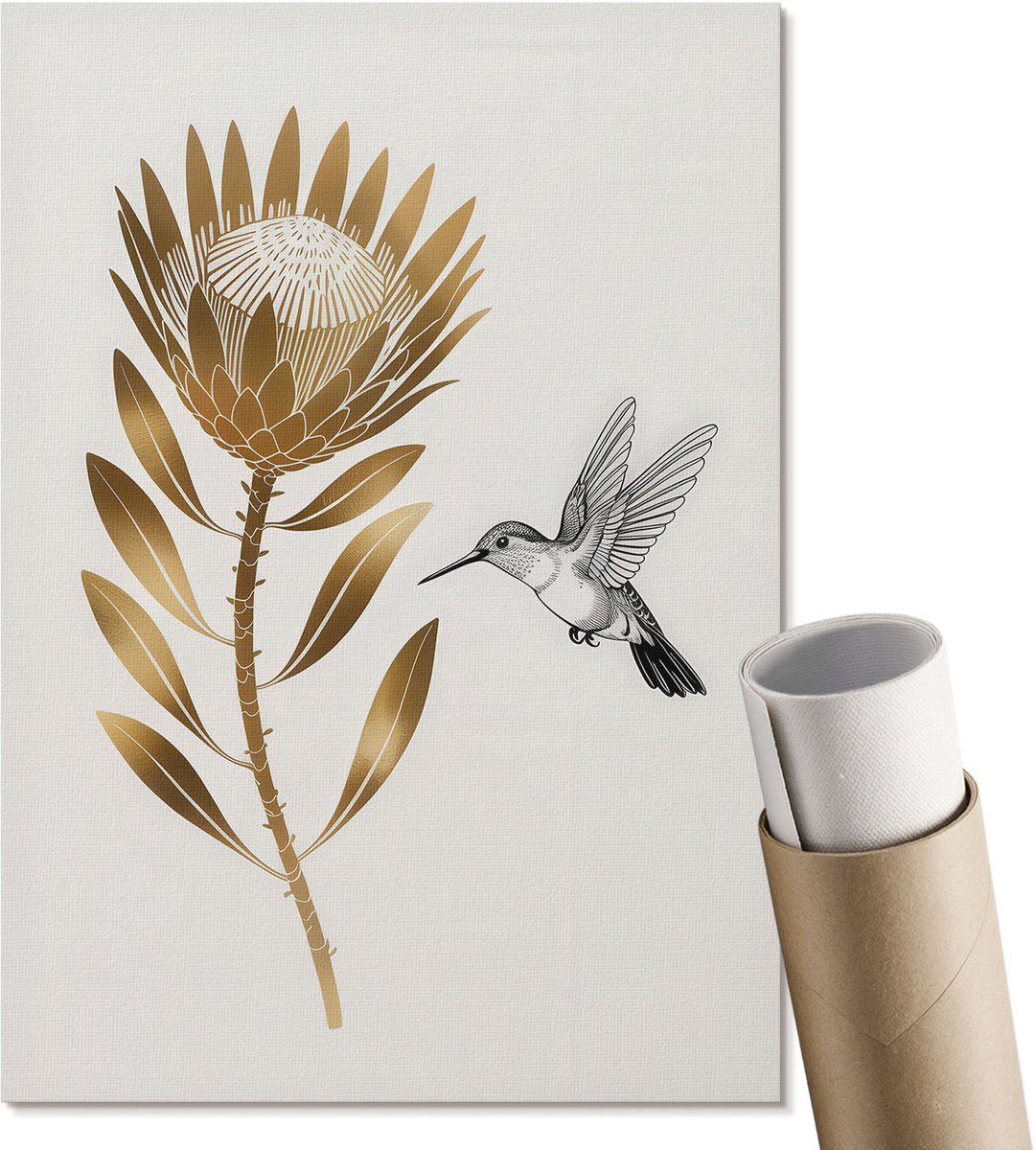 Coloray Polycanvas Poster - Kolibrie En Bloem, Illustratie - A4 - Bruin Motief - Rechthoek - Wandkunst - Woonkamer, Slaapkamer, Kantoor - Expressief