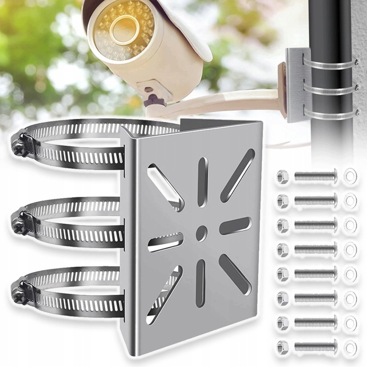Roestvrijstalen Bewakingscamerabeugel met 3 Klemmen - Universele Paal- en Mastmontage - Verstelbaar - Weerbestendig - Basis 110x98 mm - Zilver