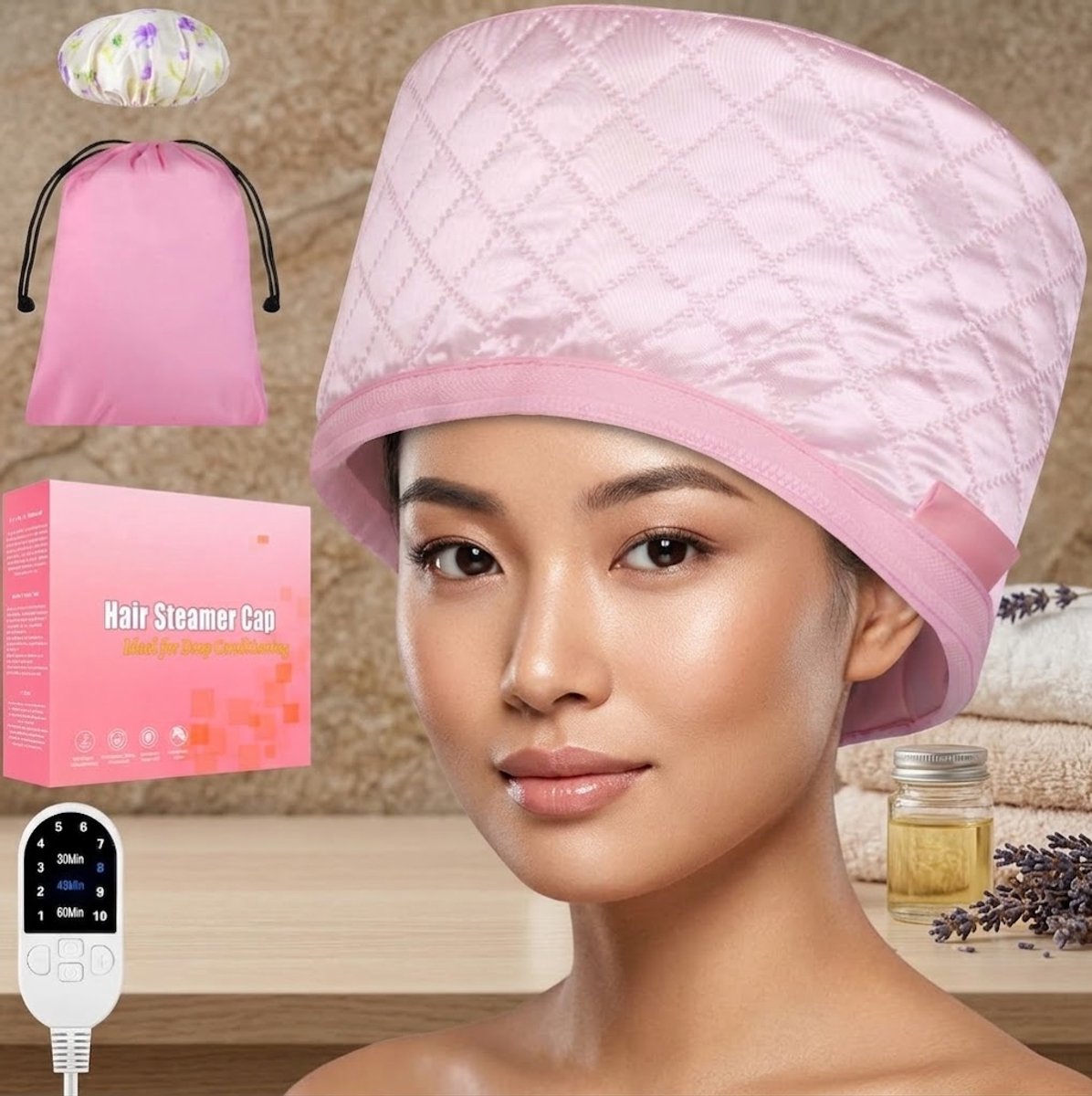 Thermische Warmtekap voor Haar – Elektrische Haarstomer voor Diepe Conditionering – Heat Spa Cap – 10 Warmtestanden & 3 Timerinstellingen – Voor Natuurlijk, Krullend & Afrohaar – Roze