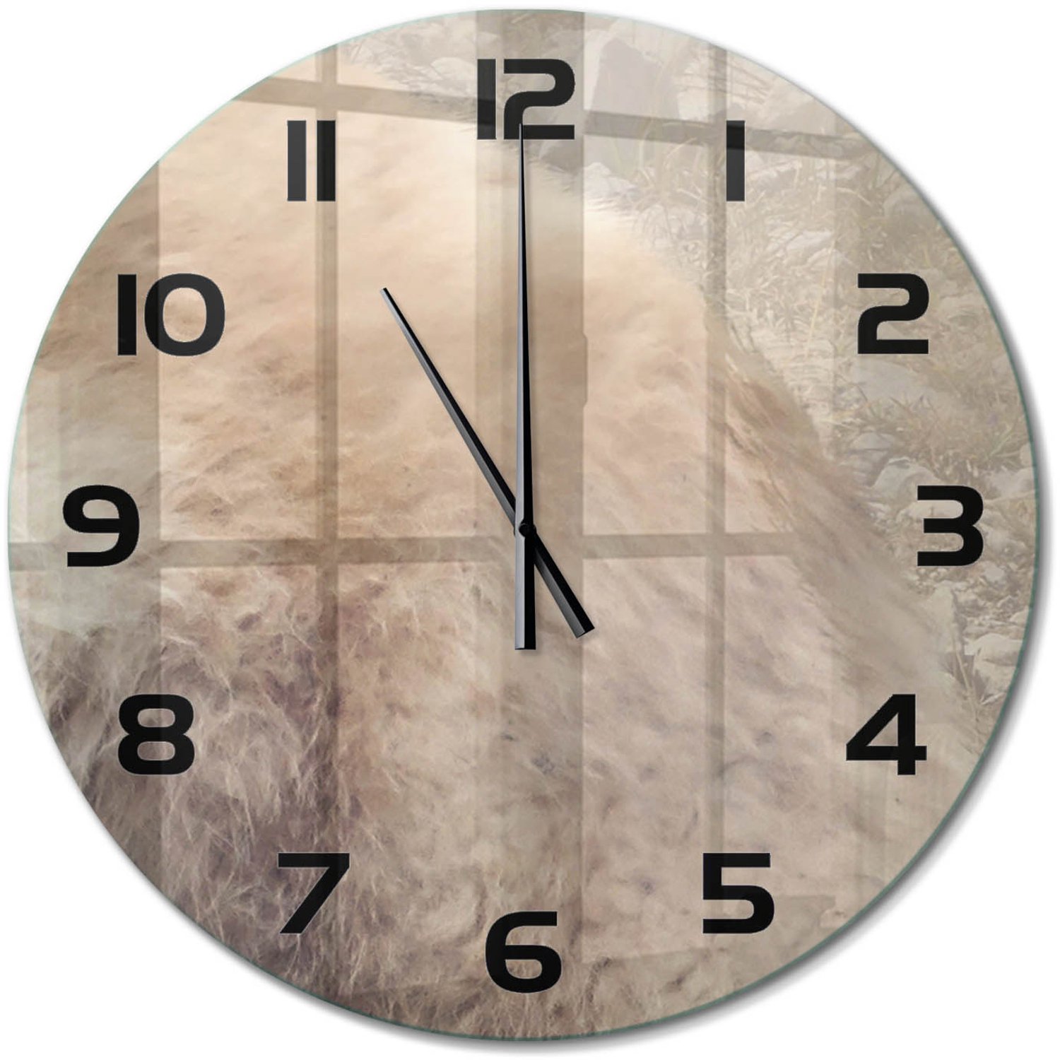 TULUP Wandklok - Witte wolf op de rots Wandklok Glas Met Motief - fi60 cm - Beige Decoratieve Glazen Klok - Zwarte handen - Ronde Klok - Gekleurde Glazen Klok - Glazen Klok Met Print
