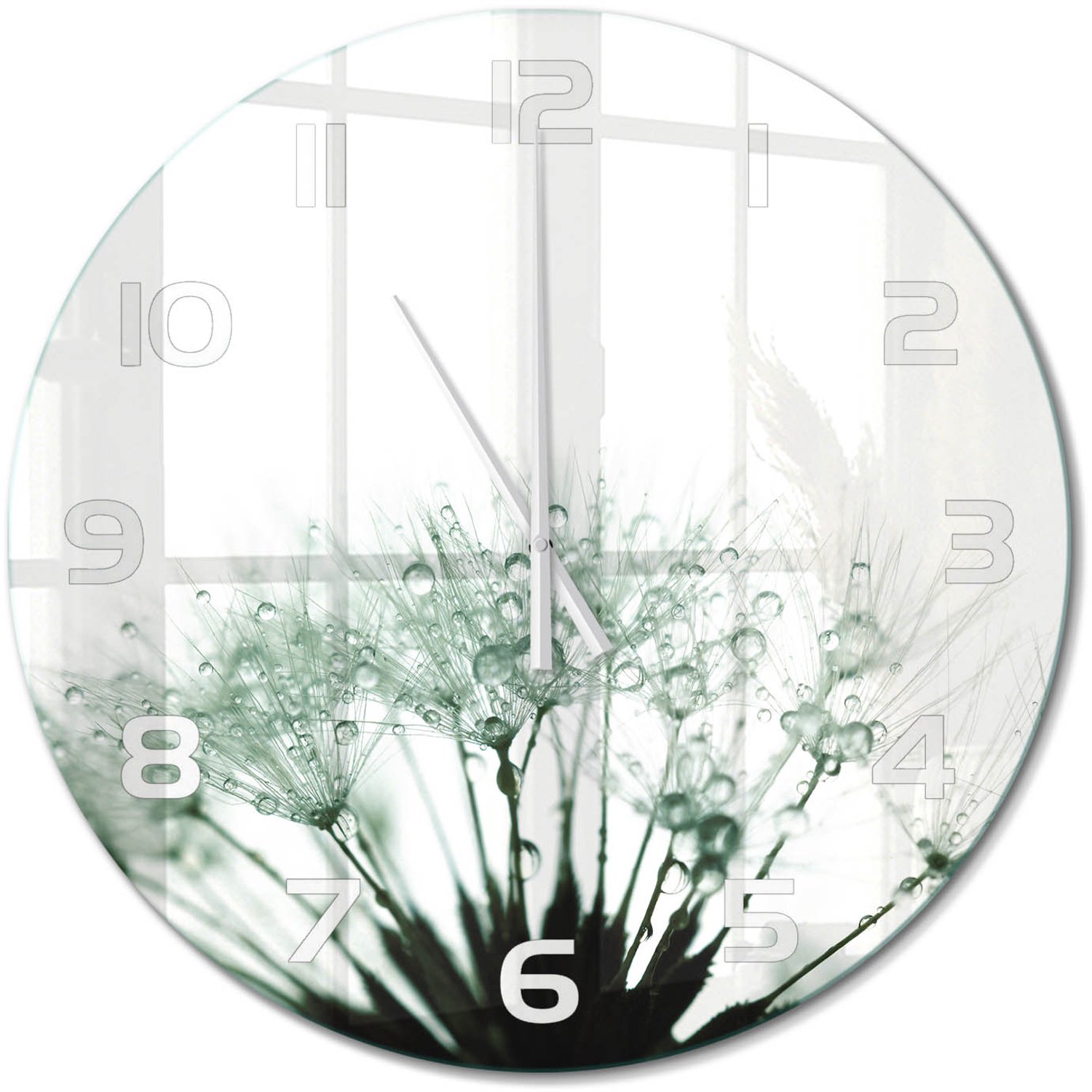 TULUP Wandklok - Paardenbloemzaden Gekleurde Glazen Klok - fi60 cm - Wit Glazen Klok Met Print - Witte handen - Ronde Klok - Moderne Wandklok Glas - Wandklok Glas Decoratie