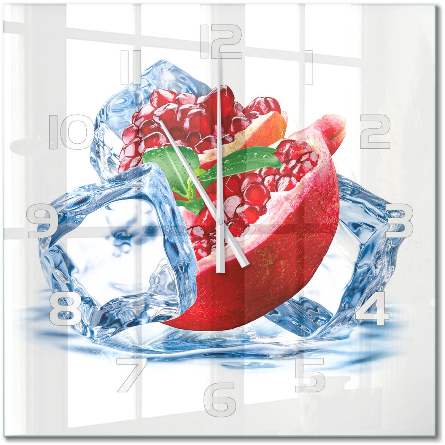 TULUP Wandklok - IJsgranaat Decoratieve Glazen Klok - 60x60 cm - Rood Glazen Wandklok Design - Witte handen - Vierkante Klok - Glazen Klok Met Print - Wandklok Glas Met Motief