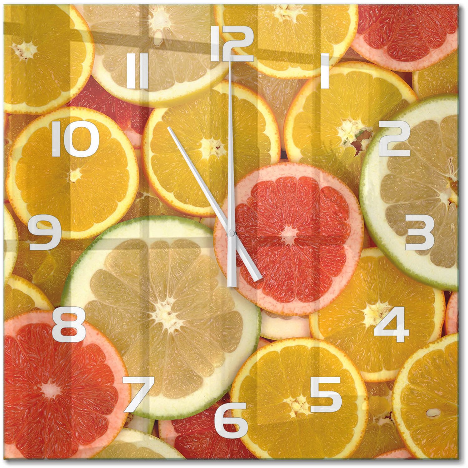 TULUP Wandklok - Citrusvruchten Wandklok Glas Met Motief - 60x60 cm - Veelkleurig Decoratieve Glazen Klok - Witte handen - Vierkante Klok - Gekleurde Glazen Klok - Glazen Klok Met Print