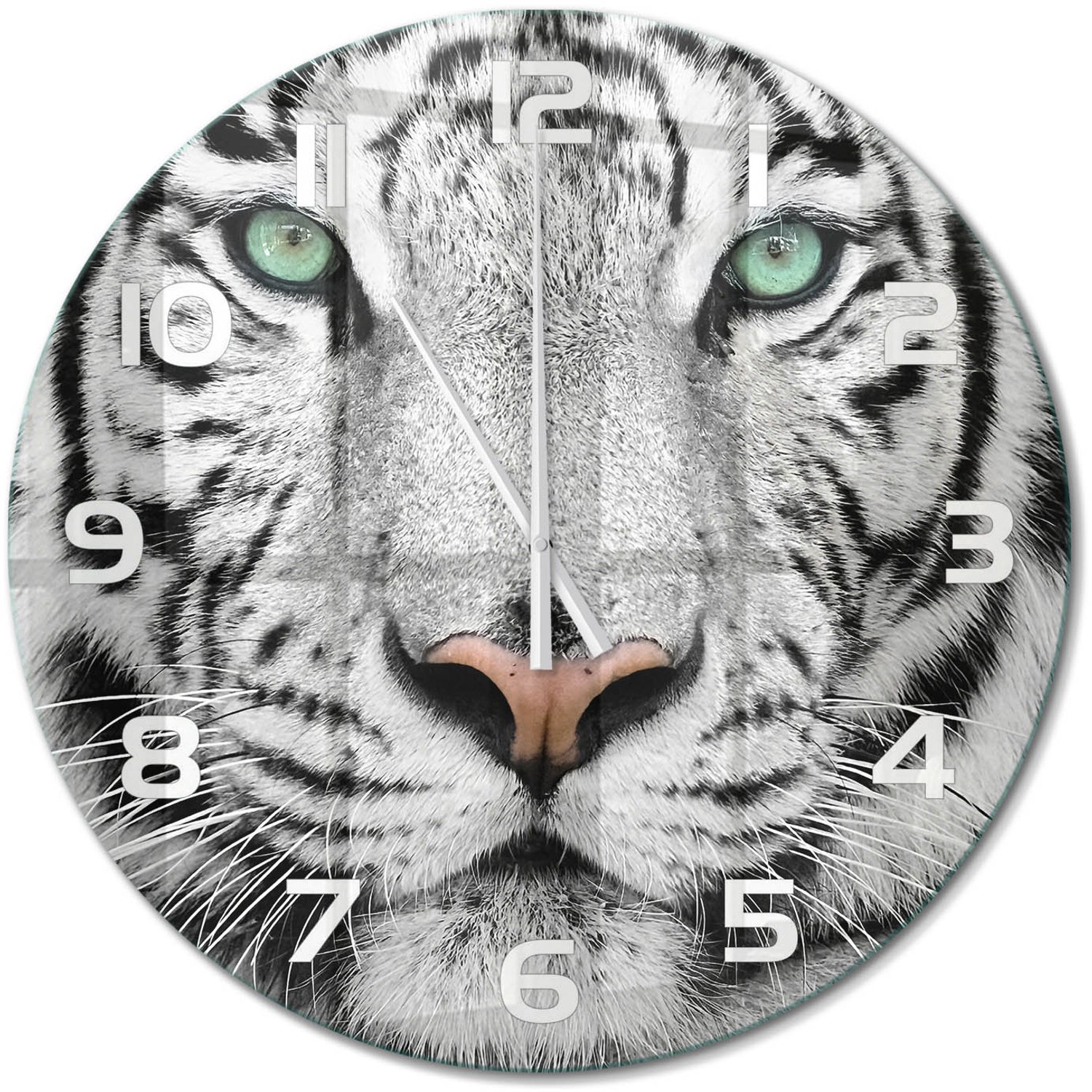TULUP Wandklok - Witte Tijger Glazen Klok Met Print - fi60 cm - Wit Wandklok Glas Met Motief - Witte handen - Ronde Klok - Wandklok Glas Decoratie - Gekleurde Glazen Klok