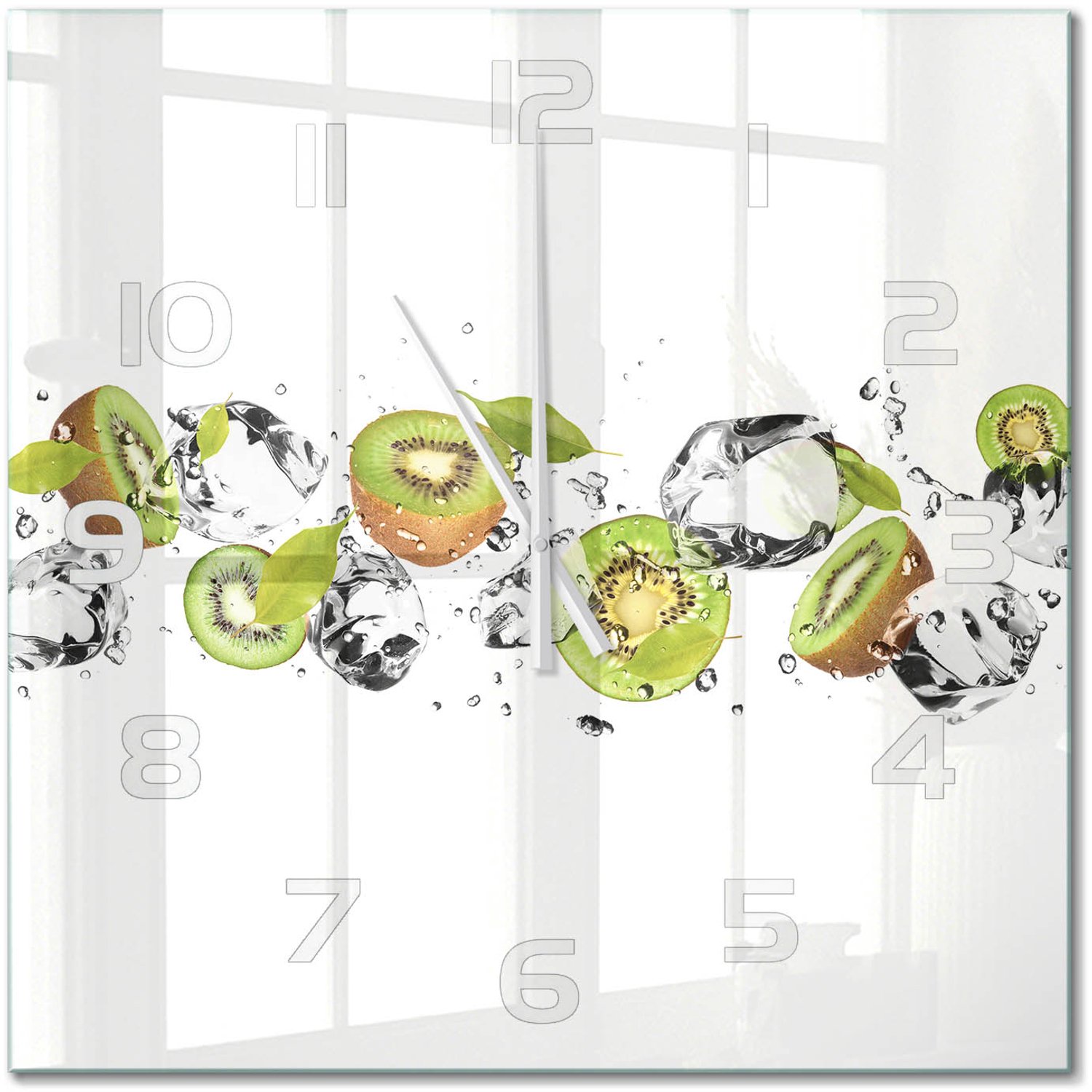 TULUP Wandklok - Kiwi en water Wandklok Glas Met Motief - 60x60 cm - Groente Decoratieve Glazen Klok - Witte handen - Vierkante Klok - Gekleurde Glazen Klok - Glazen Klok Met Print