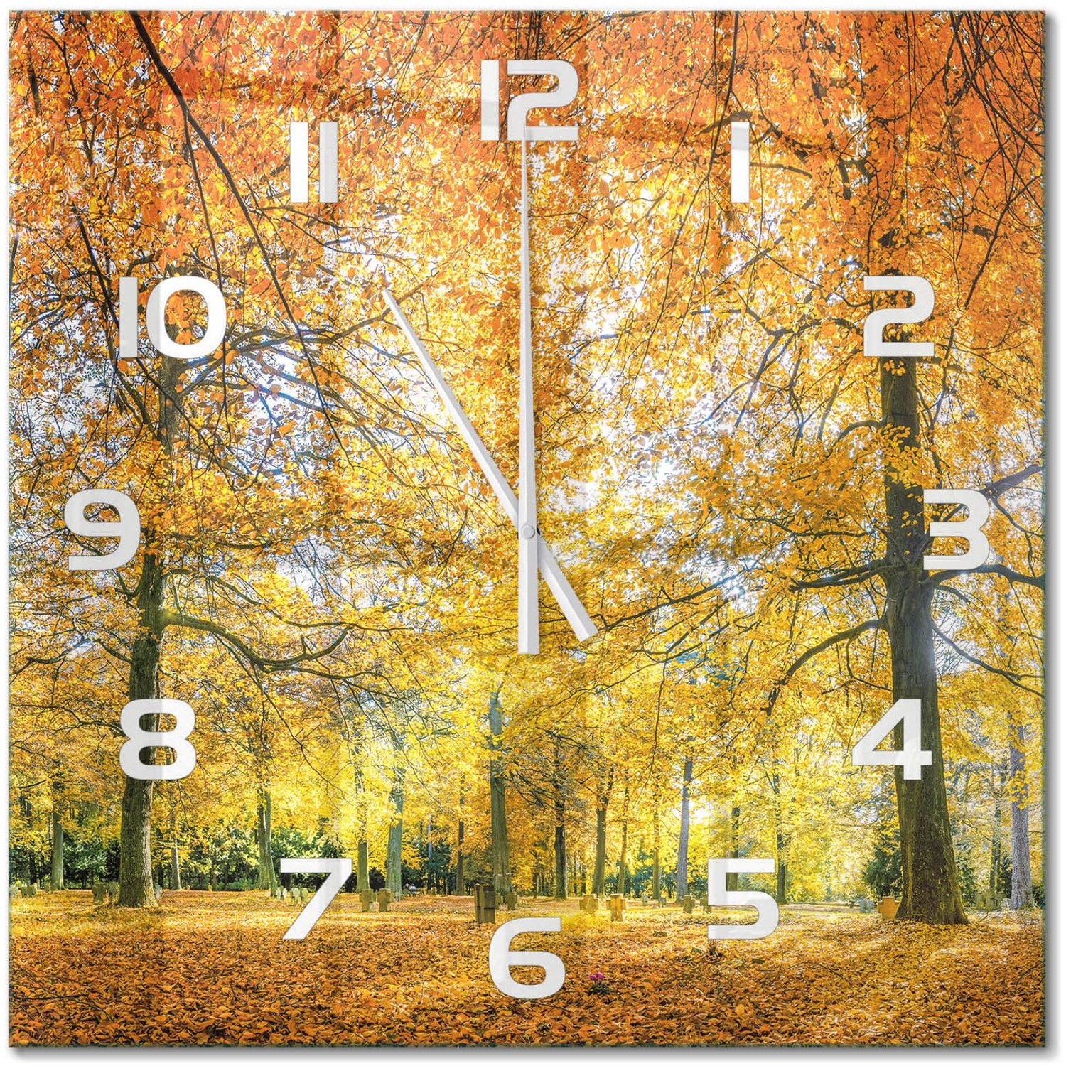 TULUP Wandklok - Herfstbos Glazen Wandklok Design - 60x60 cm - Oranje Klok Glas Met Opdruk - Witte handen - Vierkante Klok - Wandklok Glas Met Motief - Decoratieve Glazen Klok
